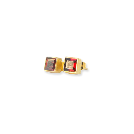 Pair of square-cut garnet & recycled brass stud earrings made in India.