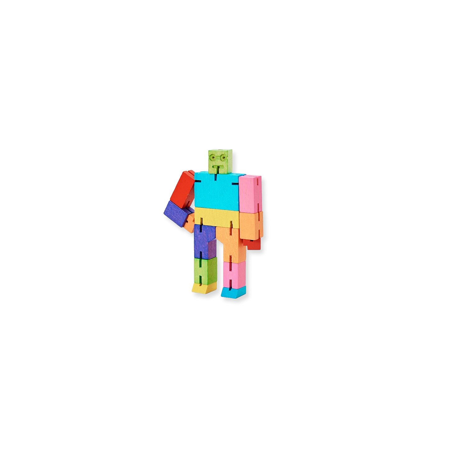 Colorful toy figure made of interlocking pieces on a white background