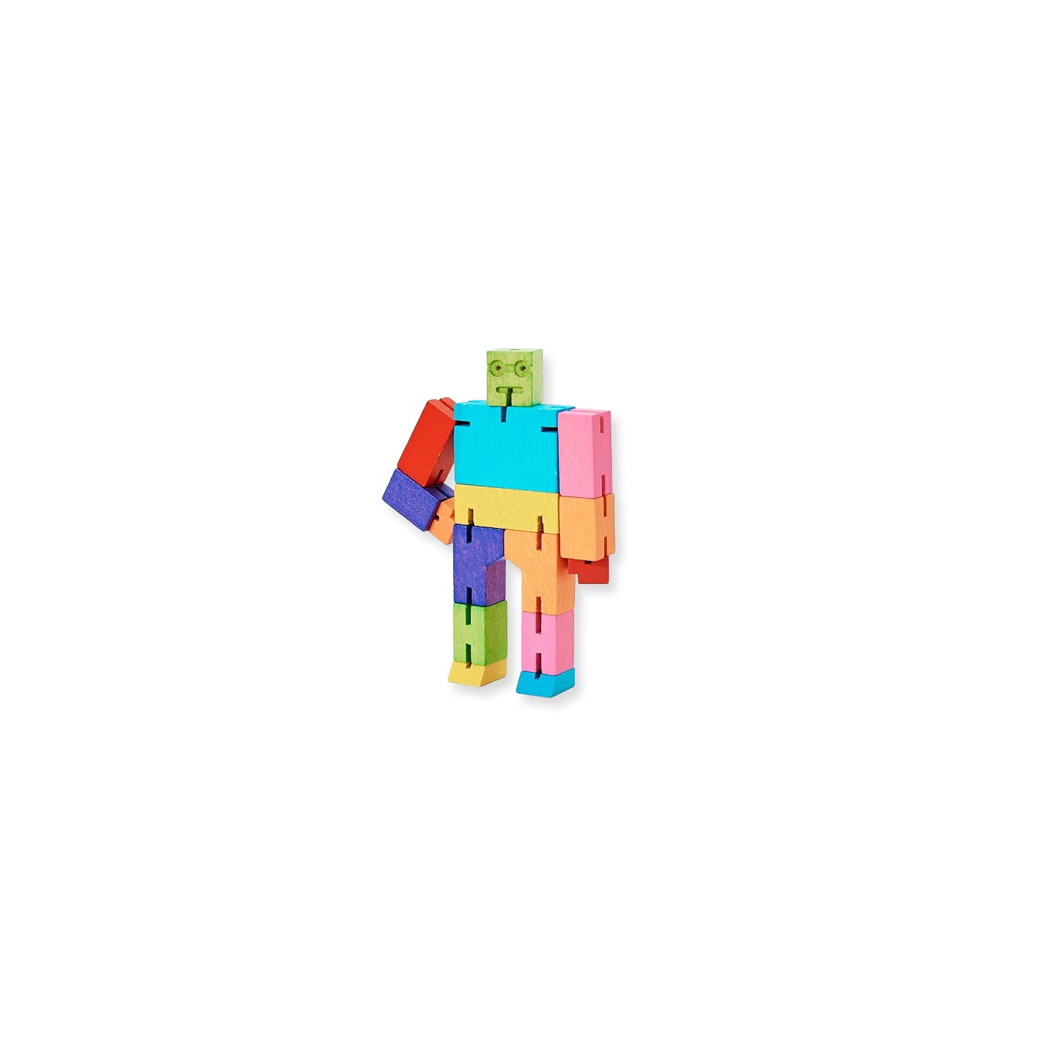 Colorful toy figure made of interlocking pieces on a white background