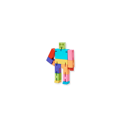 Colorful toy figure made of interlocking pieces on a white background