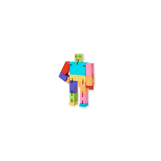 Colorful toy figure made of interlocking pieces on a white background