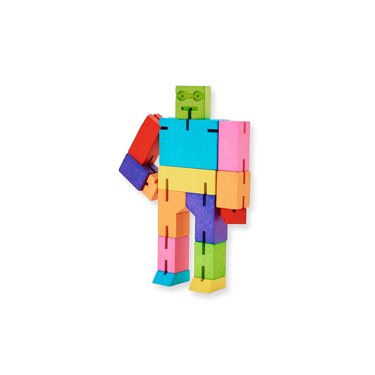 Colorful toy robot made of interlocking blocks on a white background