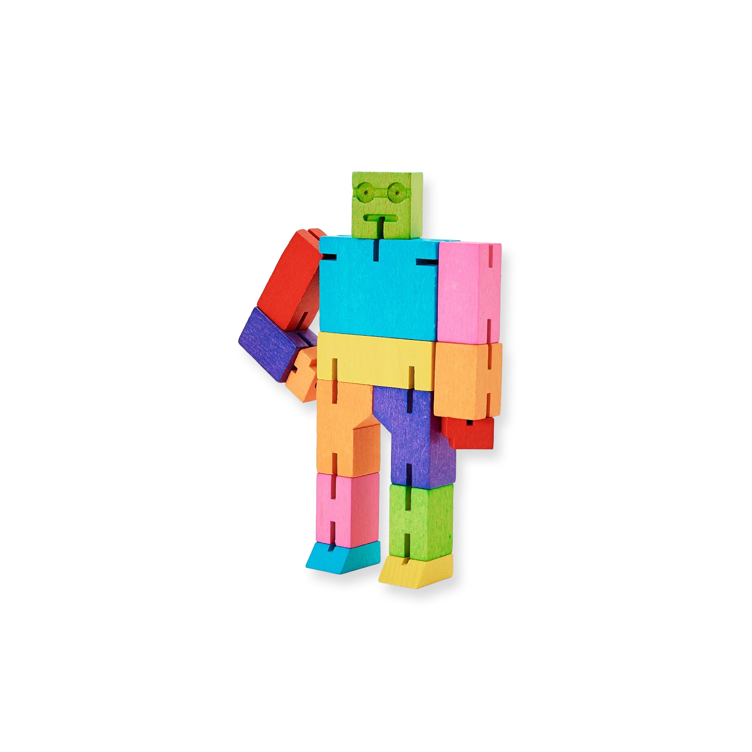 Colorful toy robot made of interlocking blocks on a white background