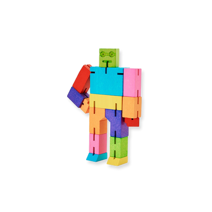Colorful toy robot made of interlocking blocks on a white background