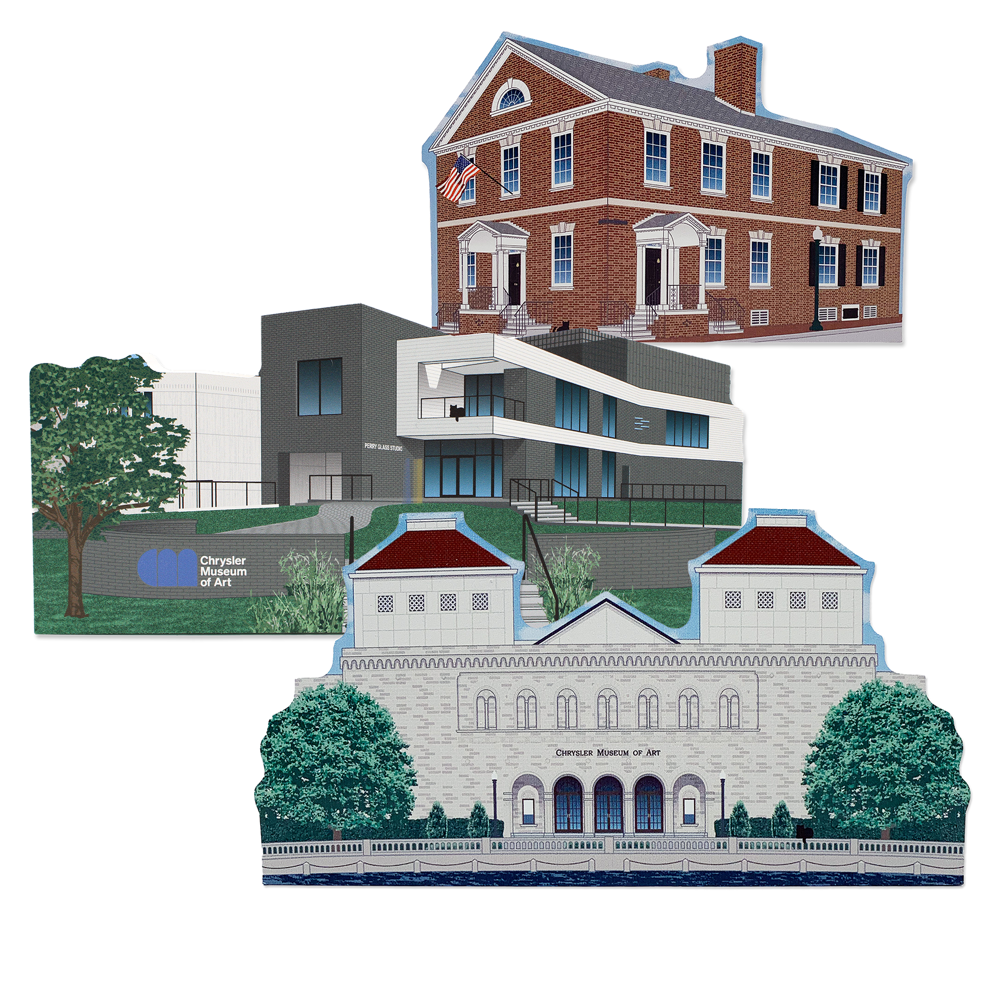 Three Wooden Cutouts: The Myers House, The Perry Glass Studio, and The Chrysler Museum