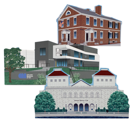 Three Wooden Cutouts: The Myers House, The Perry Glass Studio, and The Chrysler Museum