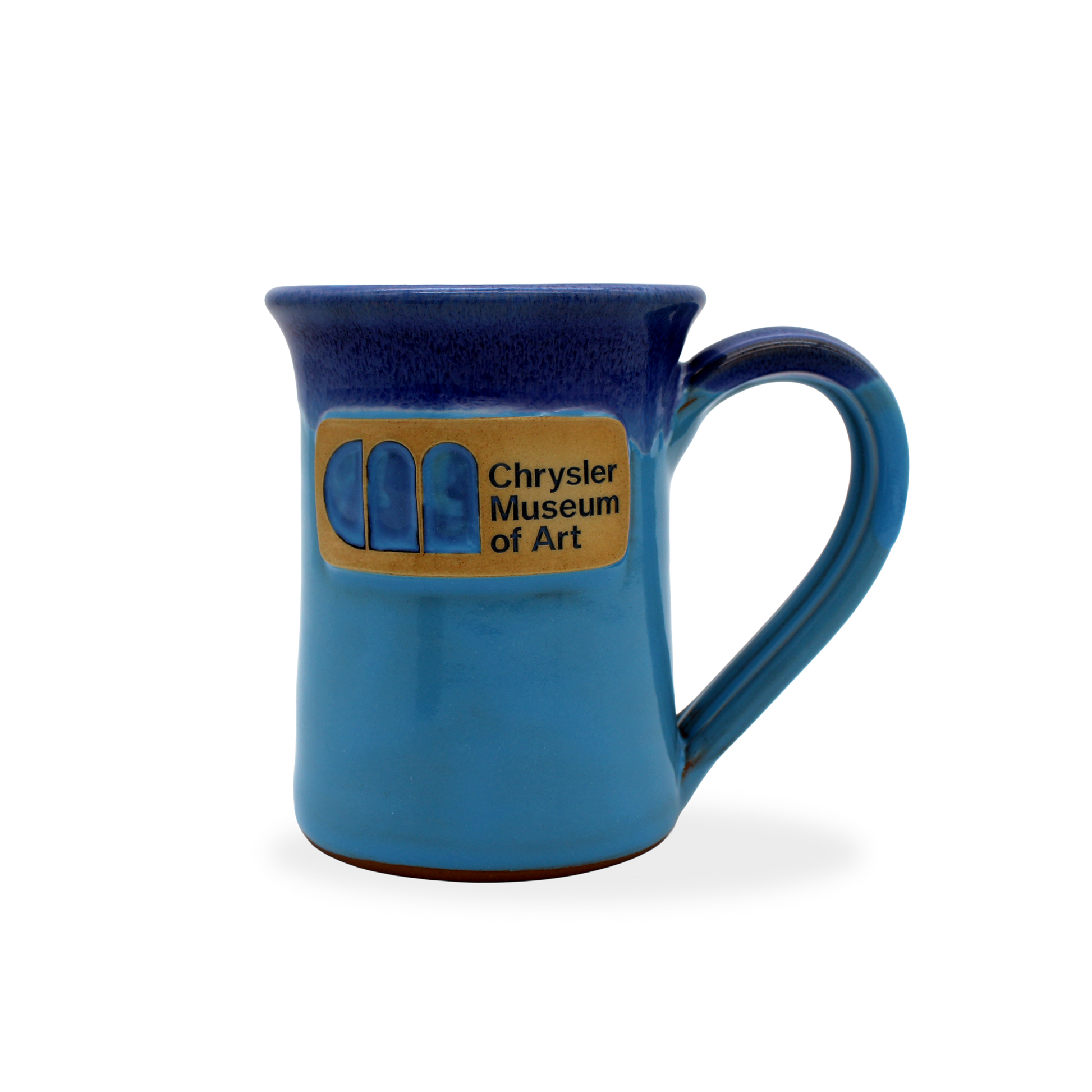Blue mug with Chrysler Museum of Art logo on a white background