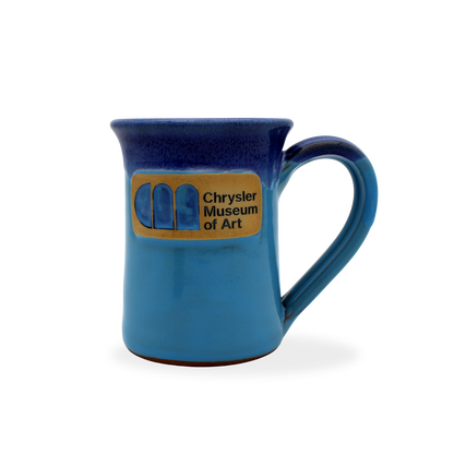 Blue mug with Chrysler Museum of Art logo on a white background