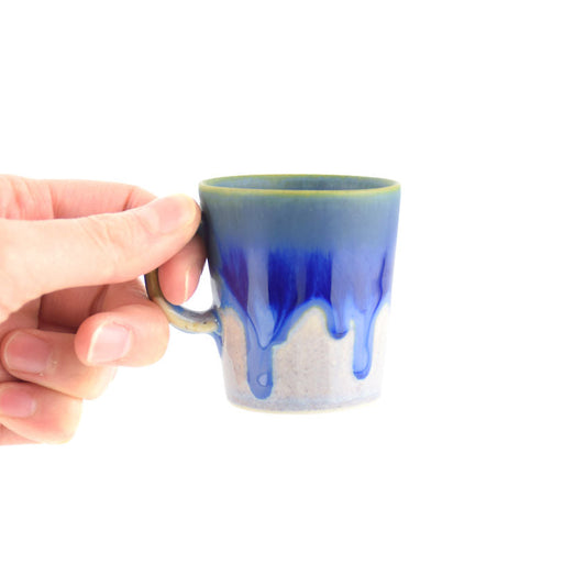 Hand holding a porcelain espresso cup with blue and white design on a white background