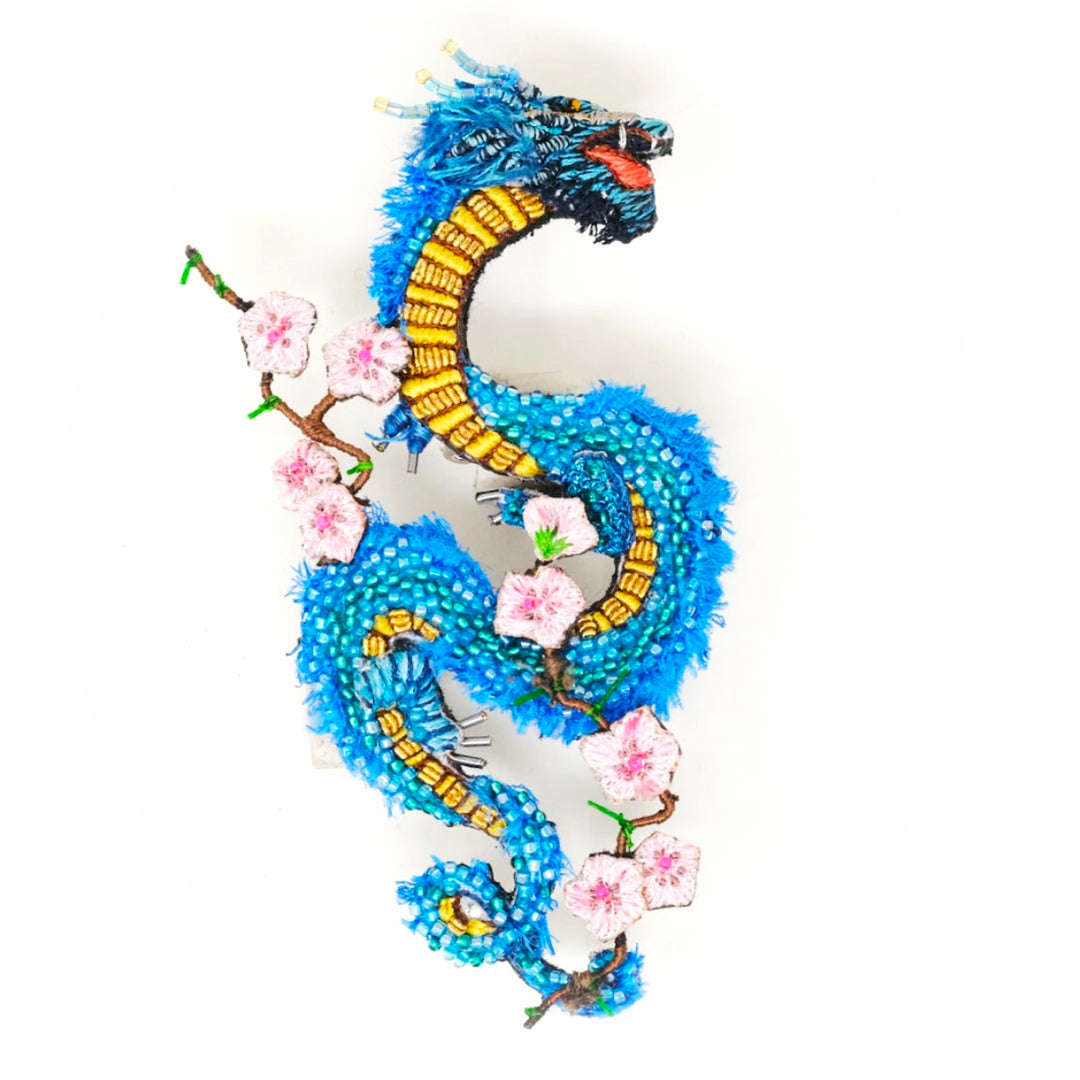 Dragon and Cherry Blossoms Embroidered Brooch