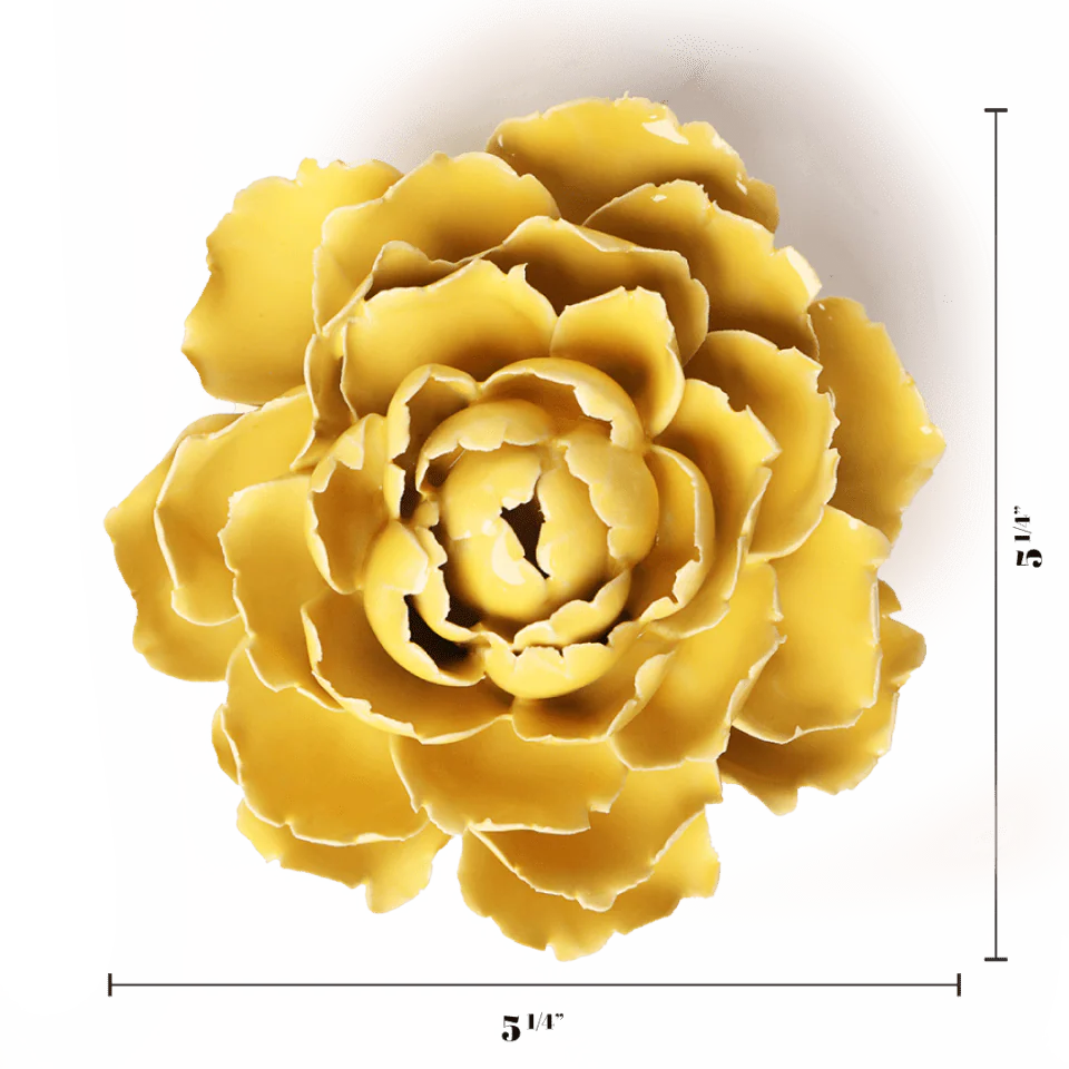 Yellow floral wall art with dimensions on a white background