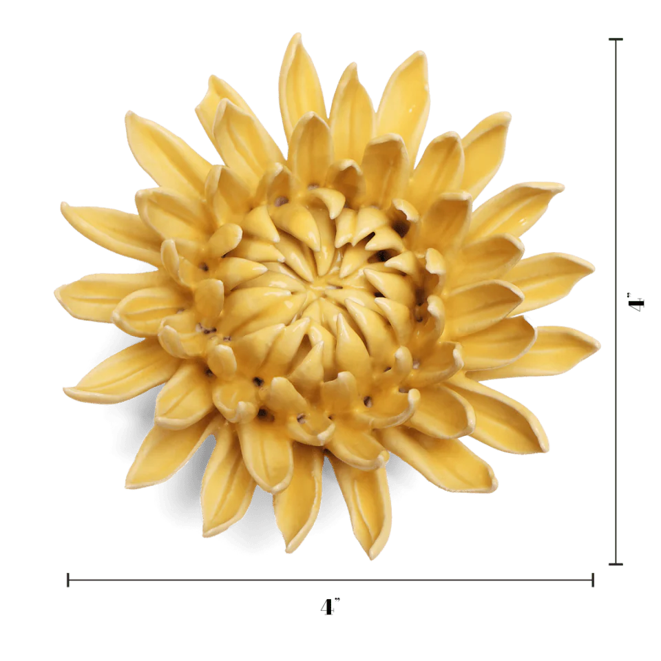 Yellow floral wall art with measurement indicators on a white background