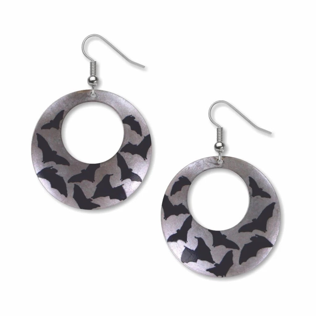 Hoop earrings with bat pattern on a white background