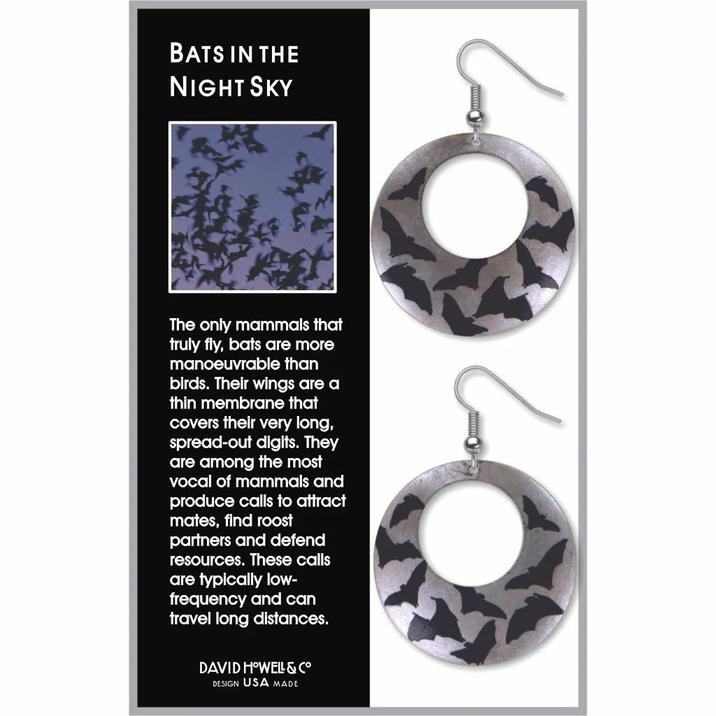 Earrings with bat pattern packaging featuring text about bats on a white background