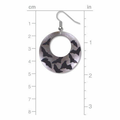 Earring with bat pattern on a circular design, shown with measurements on a white background.