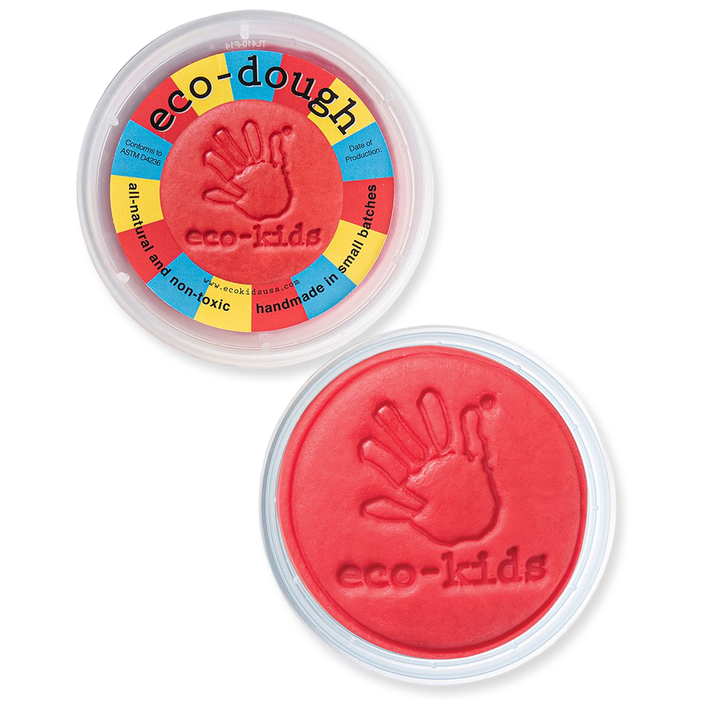 Red eco-kids eco-dough in a clear container on a white background