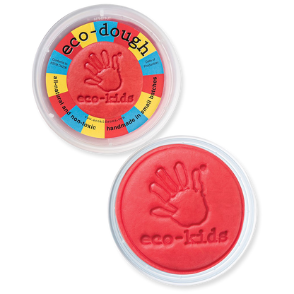 Red eco-kids eco-dough in a clear container on a white background