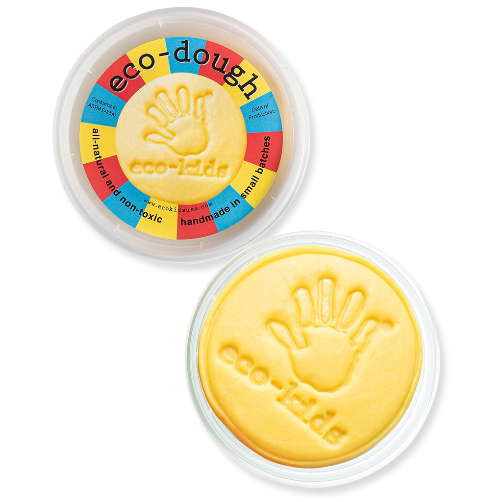 Yellow eco-dough with hand print design in a clear container on a white background