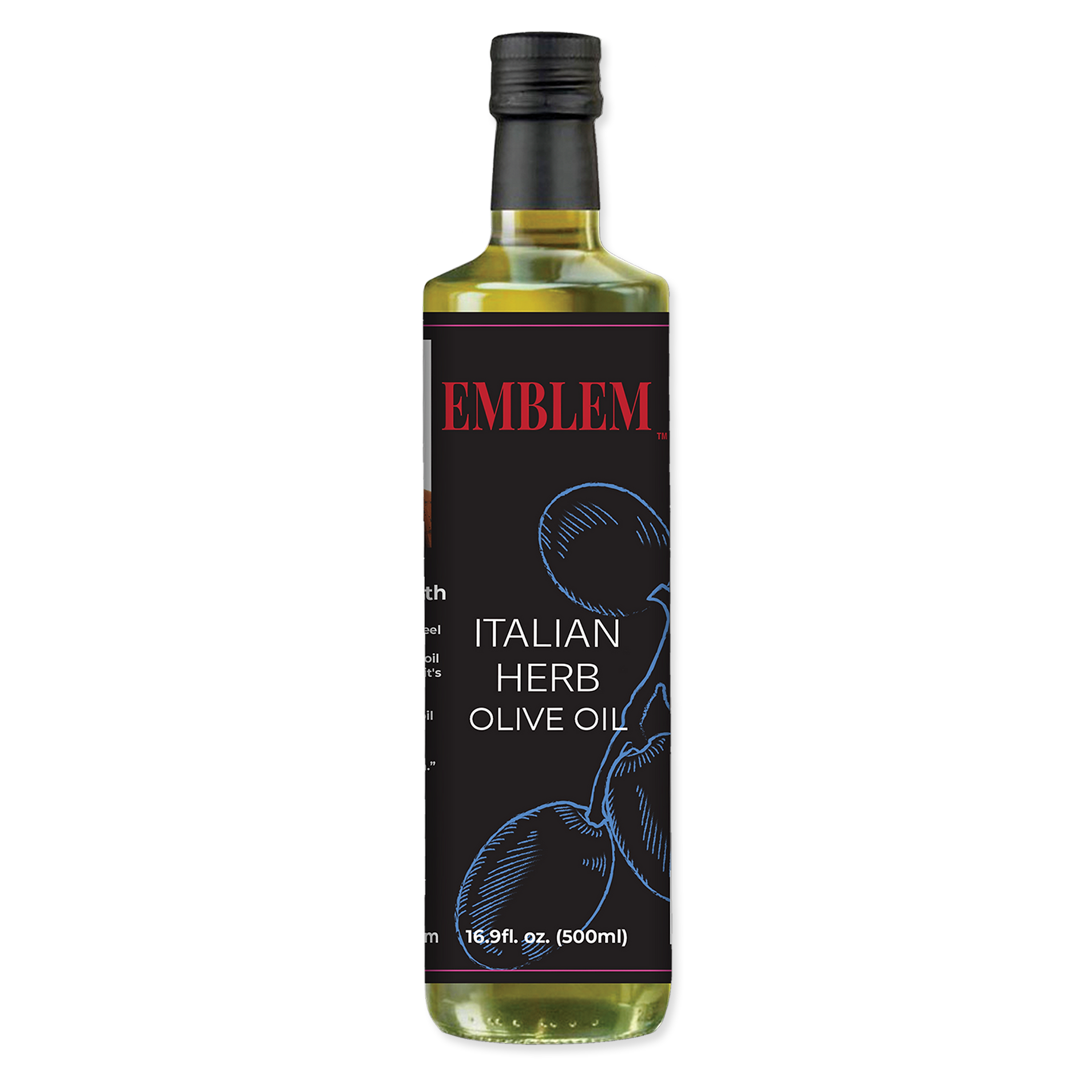 Bottle of Emblem Italian Herb Olive Oil on a white background
