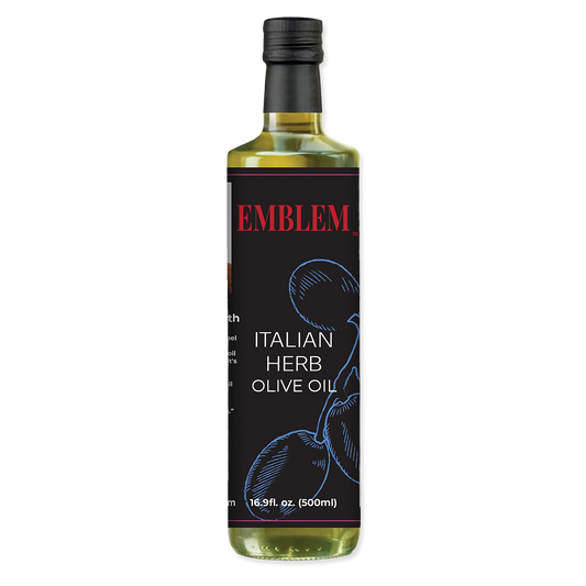 Bottle of Emblem Italian Herb Olive Oil on a white background
