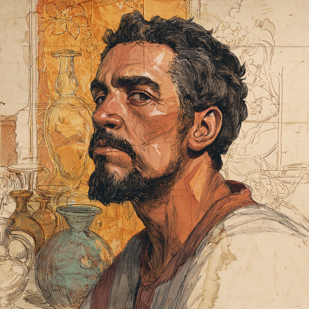 AI-generated portrait of what the ancient glass artist Ennion may have looked like.