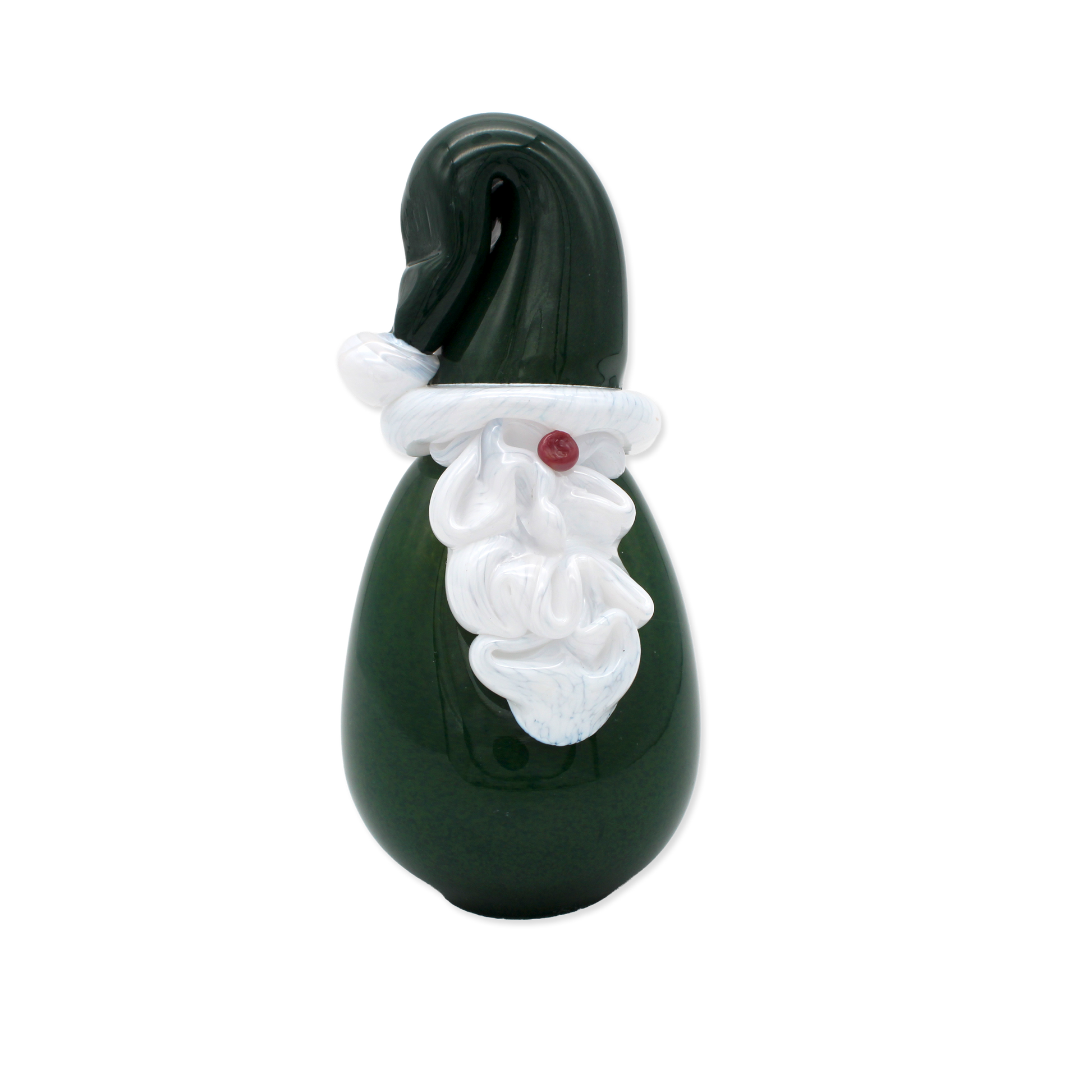 Green glass ornament shaped like a gnome with white details on a white background