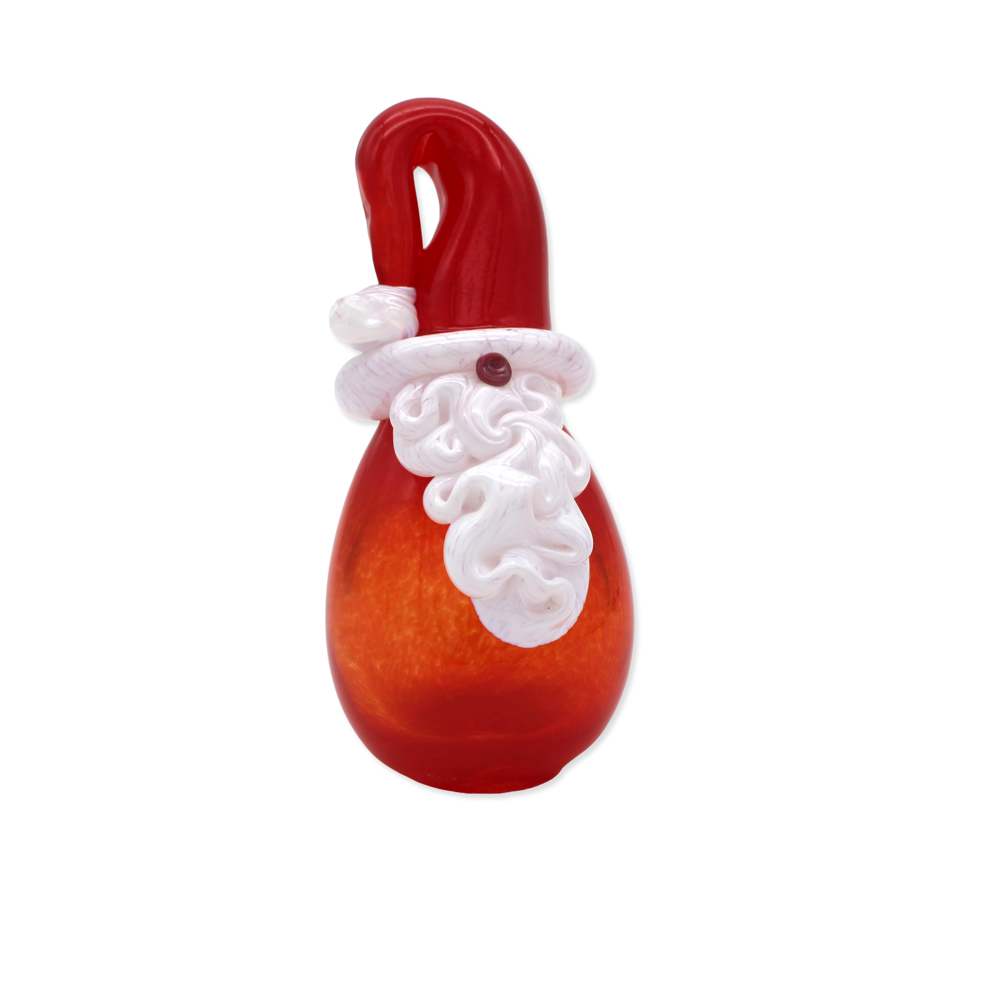 Red glass ornament shaped like a gnome with white details on a white background