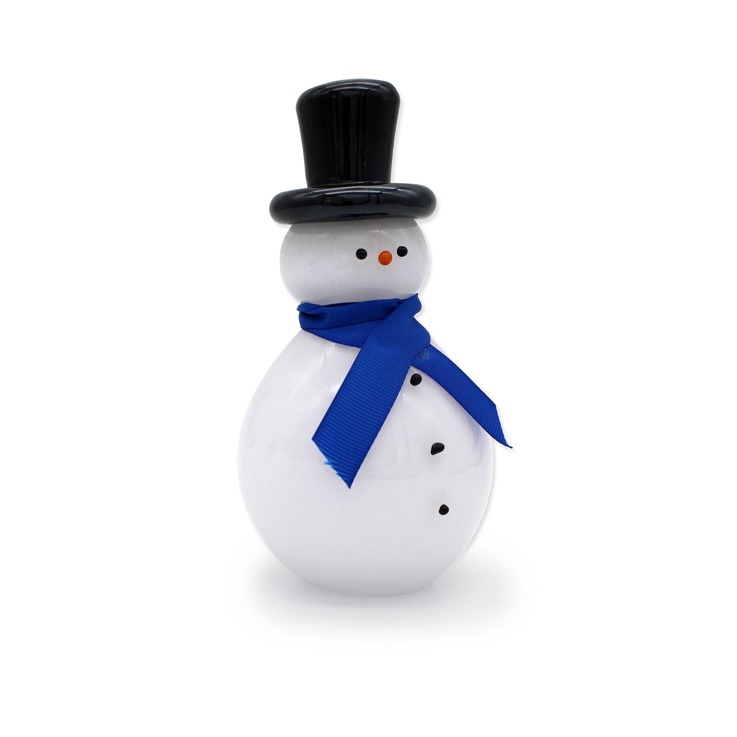 Small snowman figurine with a black top hat and blue scarf on a white background