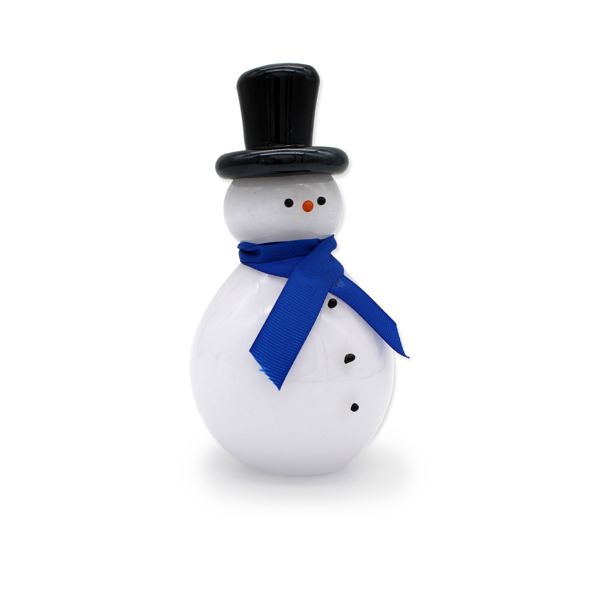 Small snowman figurine with a black top hat and blue scarf on a white background
