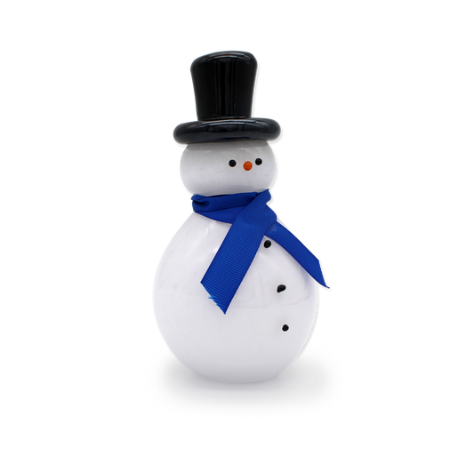 Small snowman figurine with a black top hat and blue scarf on a white background