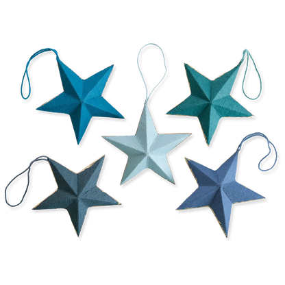 Set of five star-shaped ornaments in blue and green on a white background