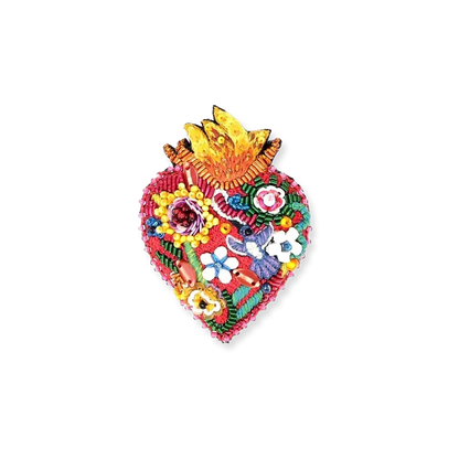 Colorful heart-shaped decorative item with floral designs on a white background