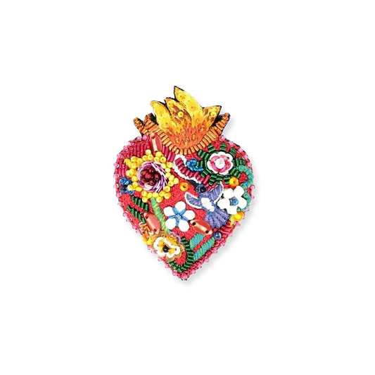 Colorful heart-shaped decorative item with floral designs on a white background