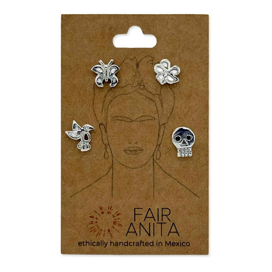 Package with Frida Kahlo image and four different silver earrings.