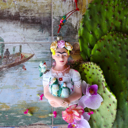 Adorno de Vidrio: Frida Kahlo con Loros
