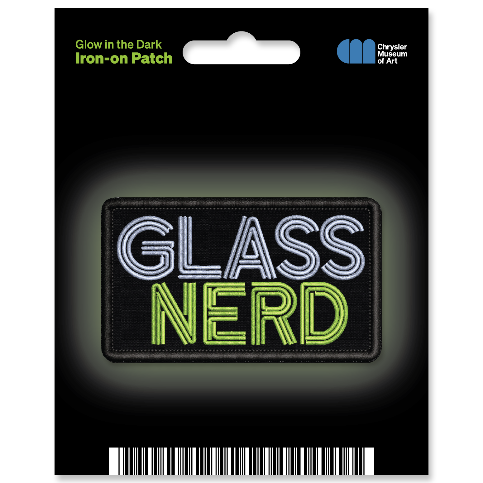 Glow in the Dark Glass Nerd Iron-on Patch with packaging - Chrysler Museum Shop