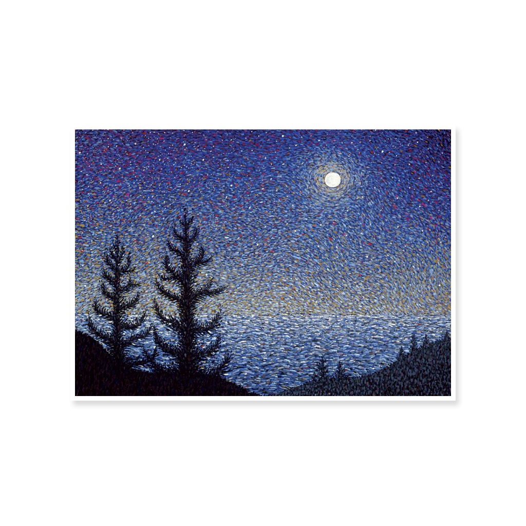 Starry night sky with moon over silhouetted trees and landscape