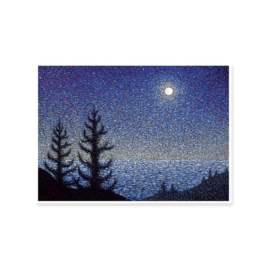 Starry night sky with moon over silhouetted trees and landscape