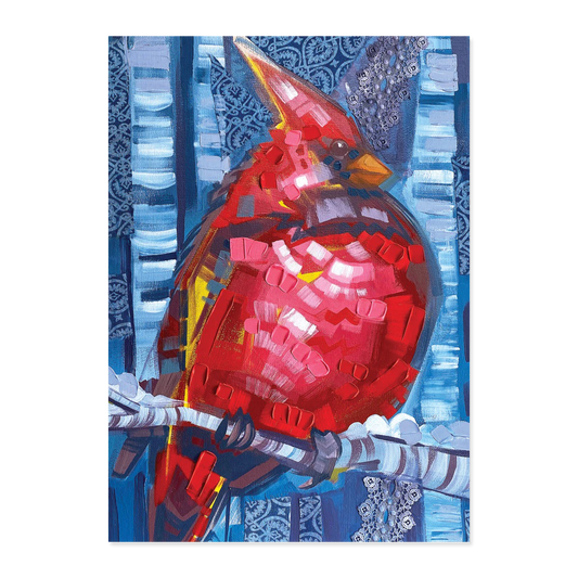 Colorful bird illustration with a blue patterned background