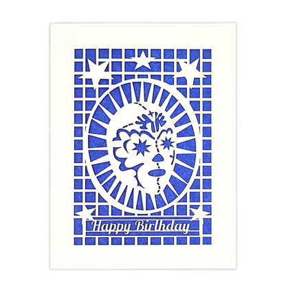 Papel Picado Greeting Card: Happy Birthday (Luchador) Blue