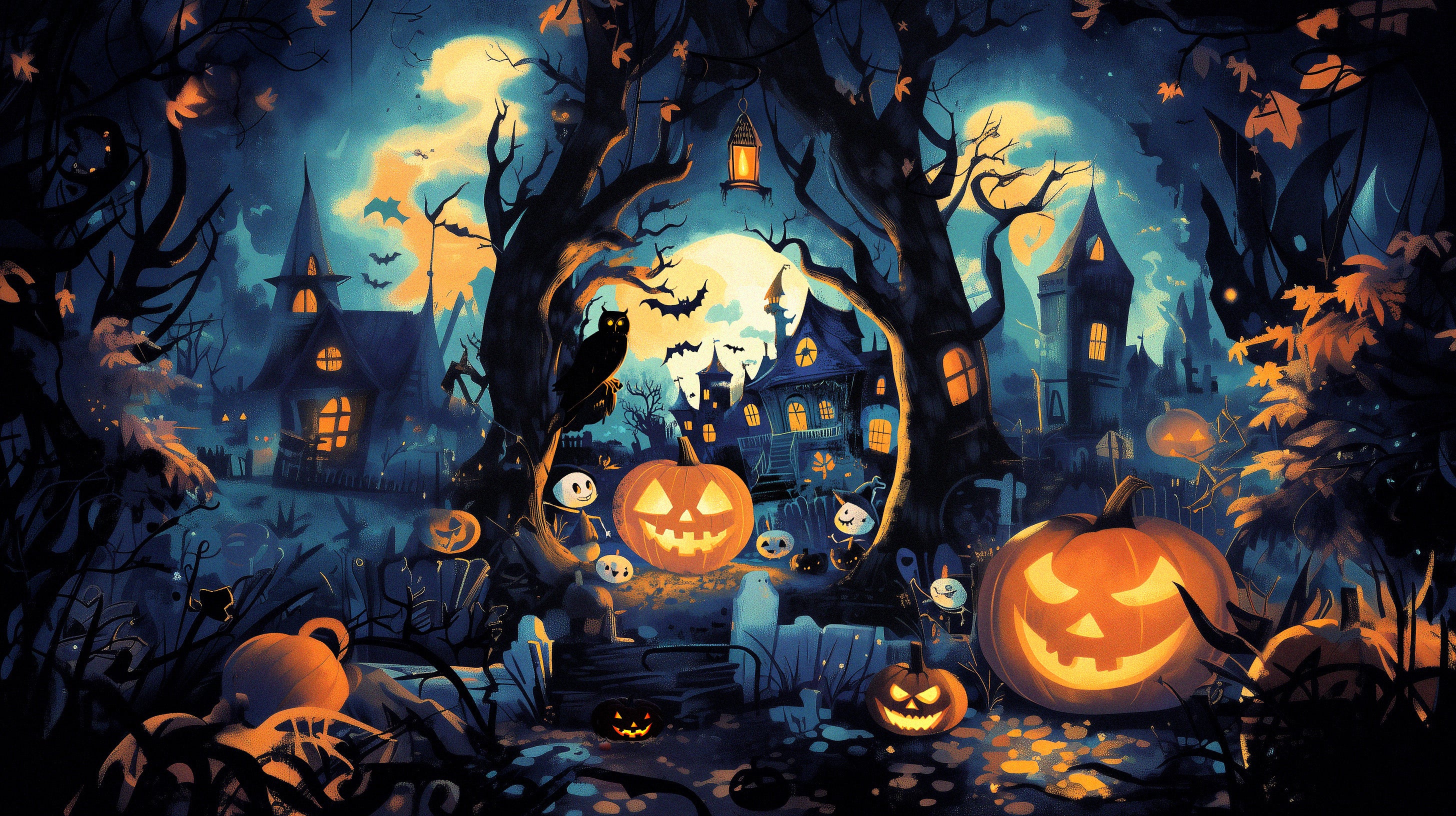 Halloween illustration with spooky trees and jack-o-lanterns