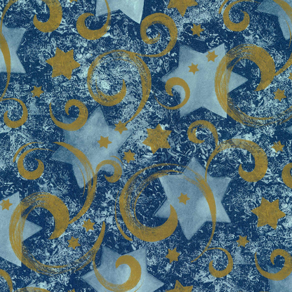 Pattern of stars and moons on a textured blue background