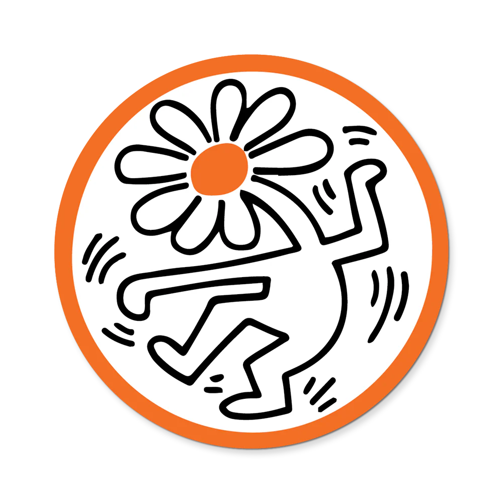 Circular design with a black figure and flower, orange border on white background