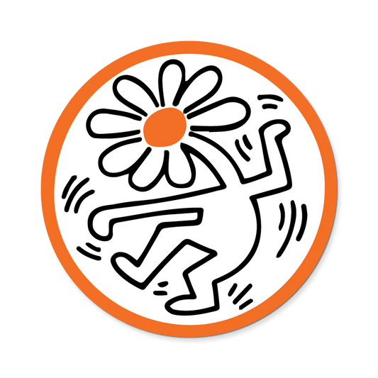 Circular design with a black figure and flower, orange border on white background