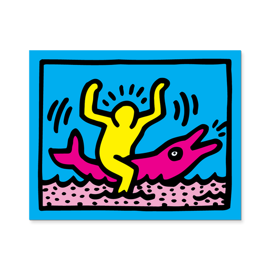 Colorful artwork of a yellow figure riding a pink fish on a blue background