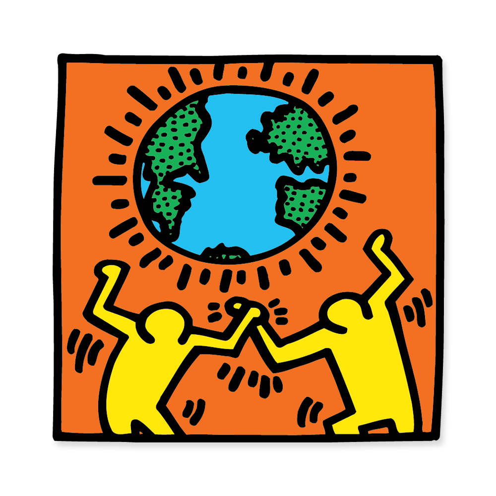 Artistic depiction of two yellow figures holding hands with a blue Earth in the center on an orange background.
