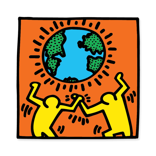 Artistic depiction of two yellow figures holding hands with a blue Earth in the center on an orange background.