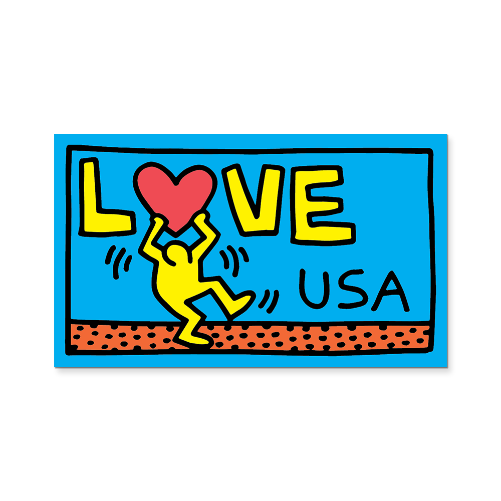 Colorful graphic with 'LOVE USA' text and a person holding a heart on a blue background