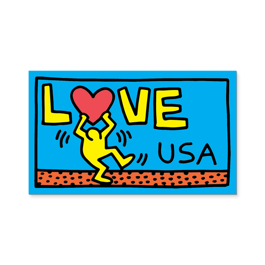 Colorful graphic with 'LOVE USA' text and a person holding a heart on a blue background