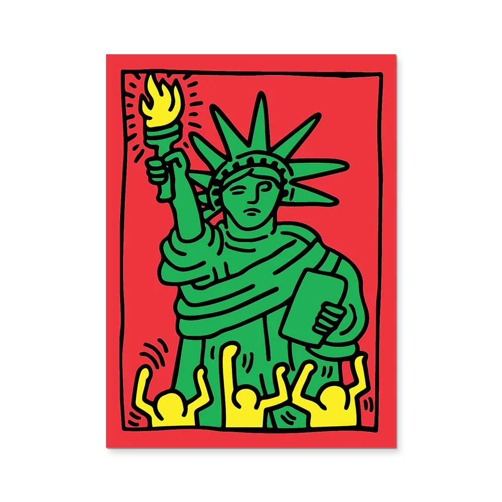 Colorful illustration of the Statue of Liberty on a red background